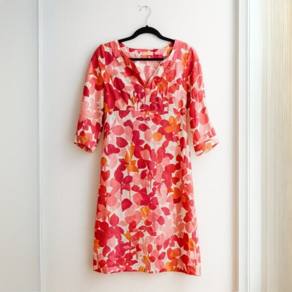 BODEN 100% Linen Floral Orange & Pink Dress with Three Quarter Sleeves SZ 4 Long - Picture 1 of 7